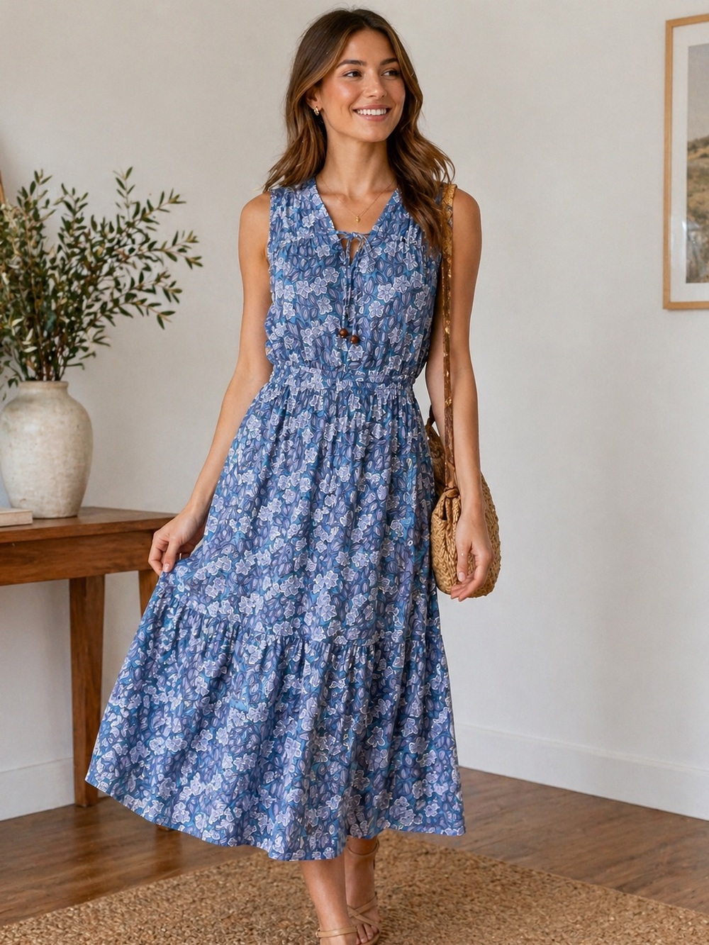 Perry Walker Periwinkle Blue Floral Midi Dress | 100% Cotton | Tie Neck | Size M